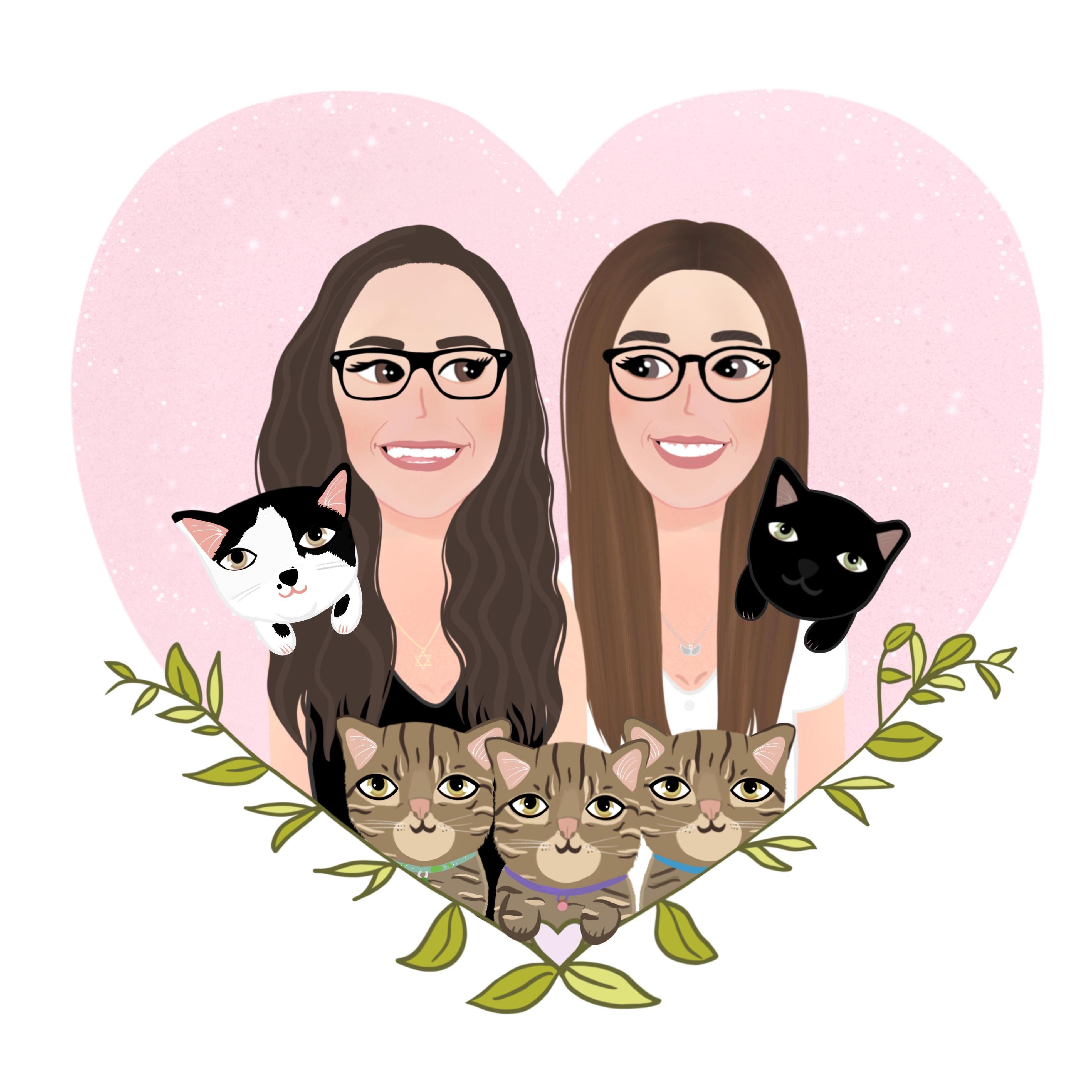 A drawing Rachael had made for Ally’s birthday with their 5 cats (from left to right) Arty, Aurora, Arya, Atticus, and Apollo