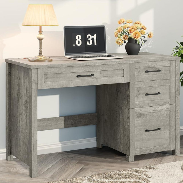 Halitaa Farmhouse 47" Executive Desk, Computer Desk with File Drawer and Charging Station, Workstation for Home Office, Study.Grey
