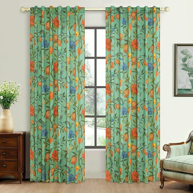 JOOJA Bird Floral Curtains 2 Panels 84 Inches Long Vintage Boho Patterned Green Whimsical Living Room Colorful Linen Blend Printed Window Curtains for Bedroom Kitchen
