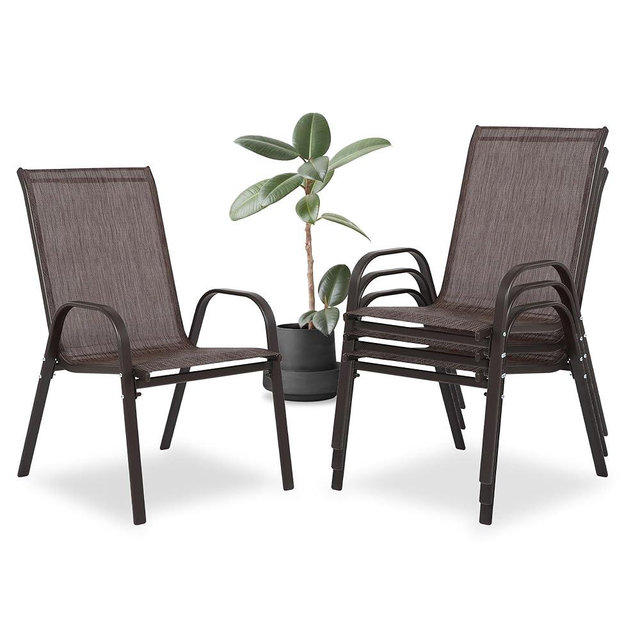 Villeston Outdoor Stackable Chairs Set of 4, Stacking Patio Chairs with Textilene Fabric, Outside Furniture for Garden Backyard Balconie Poolside Deck, Brown