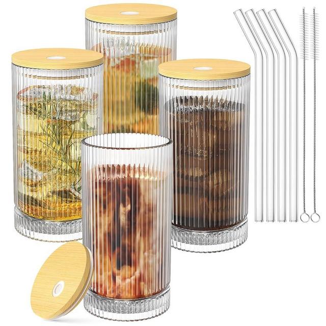 15 Oz Glass Cups with Lid and Straw, Iced Coffee Cups with Lid, Vintage Ribbed Glassware for Whiskey Cocktail Beer (4 PACK)