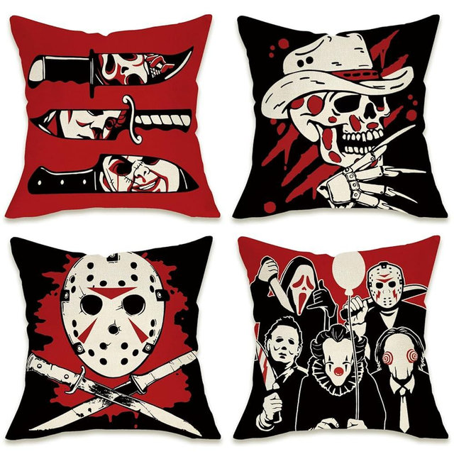 Pycat Halloween Horror Movie Characters Decorative Throw Pillow Covers 20 x 20 Set of 4, Red Black Bloody Knives Mask Porch Outdoor Home Decor, Scary Balloon Couch Cushion Case