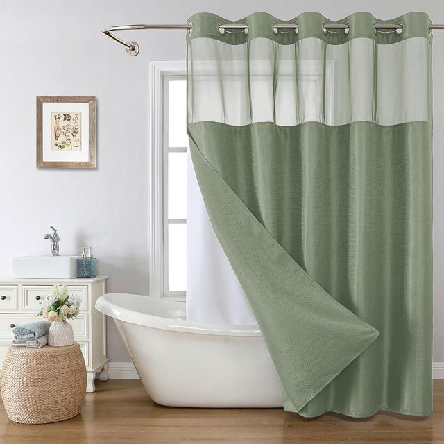 eachope No Hook Waffle Weave Shower Curtain with Snap-in Fabric Liner Set,Sage Green Shower Curtains for Bathroom with See Through Top Window,Water Repellent & Washable,71Wx74H