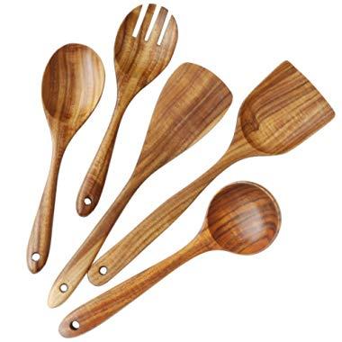 Wooden Utensils Set for Kitchen, ADLORYEA Wood Cooking Spoons Tools for Nonstick Cookware, 100% Handmade by Natural Teak Wood Without Any Painting