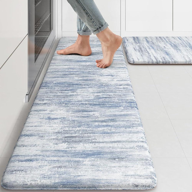 KIMODE Anti Fatigue Kitchen Mats 17"x47"+17"x29", Abstract Kitchen Rugs Sets of 2, Non Slip Kitchen Mats for Floor, Cushioned Comfort Standing Mats for Sink, Laundry, Office, Desk Multi-Blue