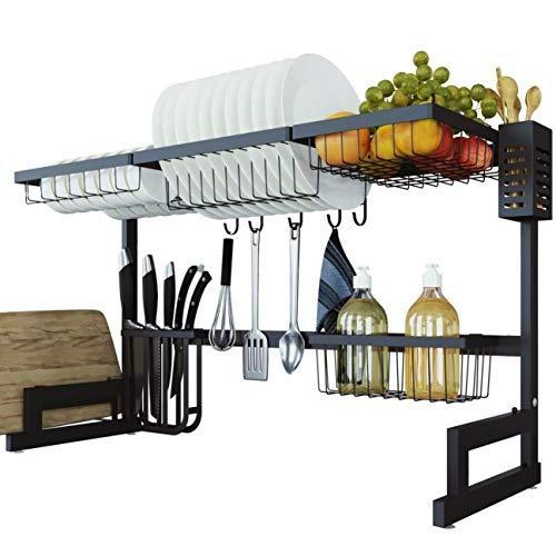 TOOLKISS Stainless Steel Over-The-Sink Dish Drying Rack,Drainer Shelf for Kitchen Countertop Organizer Saving Space Dish Rack with Utensil Holder Black (TK191001)