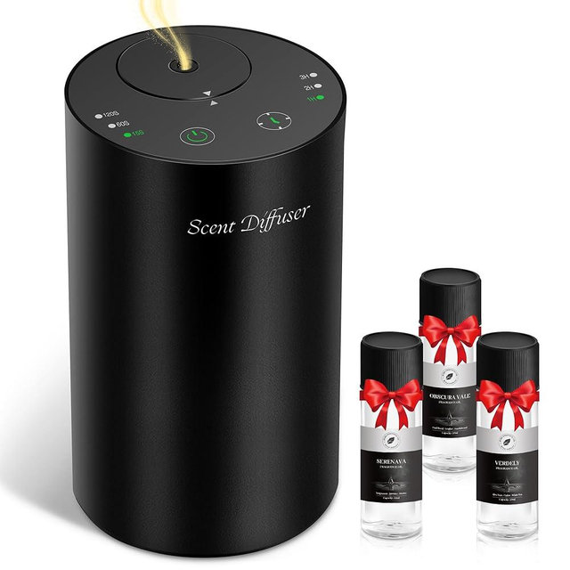 Waterless Essential Oil Diffuser Starter Kit - No Water Needed, Battery Operated Mini Scent Air Machine, Included 3x20ML Essential Oils, Portable Aromatherapy Diffuser for Home & Car & Office, Black