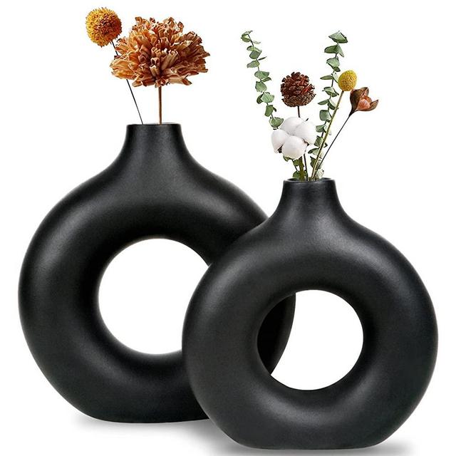 Black Ceramic Vase, Modern Vase for Minimalist Decor, Hollow Round Matte Pampas Flower Vases for Boho Home Wedding Party Room Dinner Table Shelf Decor (2pcs)