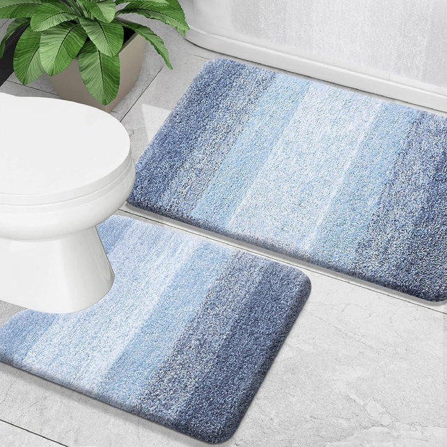 OLANLY Luxury Bathroom Rug Set 2 Piece, Soft Absorbent Microfiber Bath Rugs and U-Shaped Contour Toilet Rug, Non-Slip Bath Carpet, Machine Wash Dry, Bath Mats for Bathroom (30"x20"+24"x20", Blue)