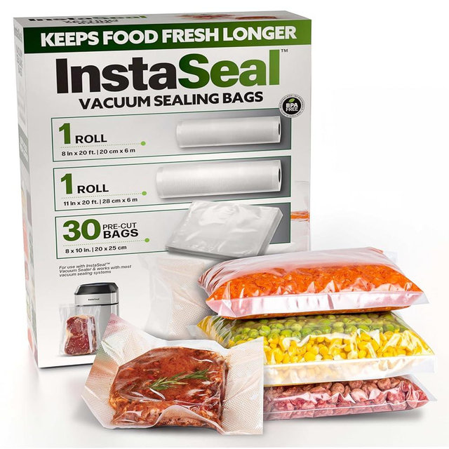 InstaSeal Vacuum Sealer Bags for Food, 1 Roll 8" x 20 Ft + 1 Roll 11" x 20 Ft + 30 Pre Cut Vacuum Seal Bags for Food, Works with MOST Vacuum Sealer Machines, Helps Keep Food Fresher Longer