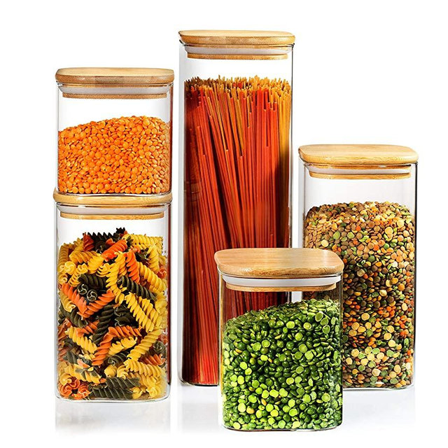 Set of 5 Square Canisters, Glass Kitchen Canister with Airtight Bamboo Lid, Glass Storage Jars for Kitchen, Bathroom and Pantry Organization Ideal for Flour, Sugar, Coffee, Candy, Snack and More…