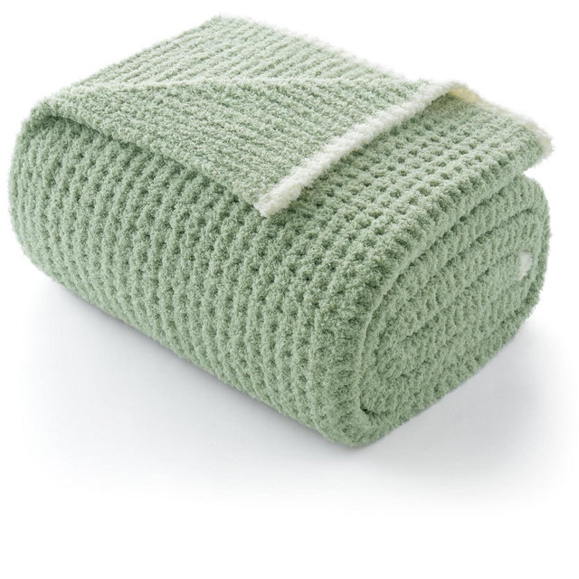Snuggle Sac Fluffy Fuzzy Reversible Waffle Knit Blanket,Cozy Microfiber Throw,Classic Textured Design,Sage Green,60"*80"