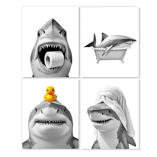 LUKIPOM Funny Shark Bathroom Wall Art Prints 8x10 Set of 4, Funny Coastal Beach Ocean Shark Wall Art Posters for Bathroom Washroom Restroom Decor, Unframed
