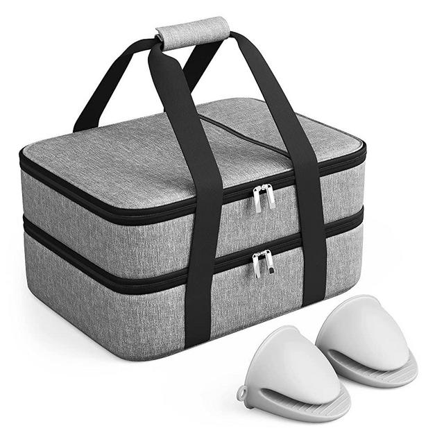 Double Decker Insulated Casserole Carrier bundled with Silicone Hand Protectors, For Hot or Cold Food, Insulated Bag, Thermal Lunch Tote, Lasagna Holder, For Potluck/Parties/Picnic, Grey