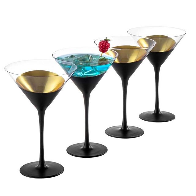 MyGift Modern Matte Black and Gold Tone Plated Martini Glasses - Cocktail Party Drinkware Stemmed Drinking 8 oz Glass, Set of 4