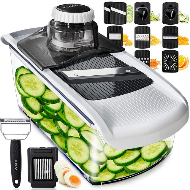 Fullstar 11 in 1 Mandoline Slicer, Vegetable Slicer Cheese Grater | Kitchen Gadgets with Peeler, Spiralizer, Juicer, French Fry Maker Julienne Cutter (+Safety Glove Cleaning Brush)