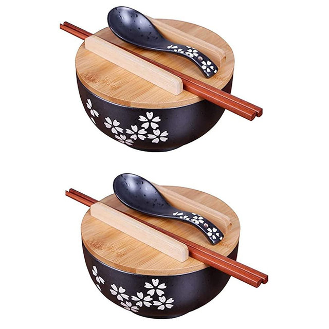 Japanese cuisine bowl with lid vintage ramen bowl with lid black ceramic instant noodle bowl black salad bowl soup bowl with wooden lid