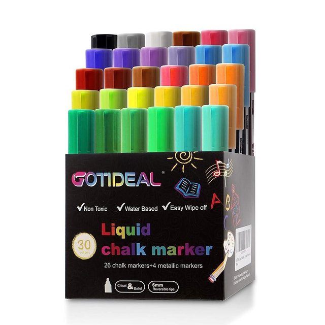 GOTIDEAL Liquid Chalk Markers, 30 colors Premium Window Chalkboard Neon Pens, Including 4 Metallic Colors, Painting and Drawing for Kids and Adults, Bistro & Restaurant, Wet Erase - Reversible Tip