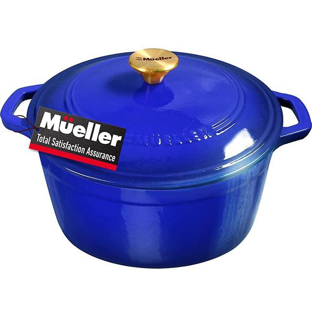 Mueller DuraCast 6 Quart Enameled Cast Iron Dutch Oven Pot with Lid, Heavy-Duty Casserole Dish, Braiser Pan, Stainless Steel Knob, for Braising, Stews, Roasting, Baking, Safe across All Cooktops, Blue
