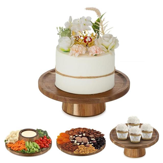 NUPTIO Wooden Rustic Cake Stand: 9.5" Round Cake Pedestal Holder 4 in 1 Vintage Cupcake Stand Serving Tray Dessert Display Plate for Wedding Halloween Christmas Easter Birthday Party - 8 Inch Cake