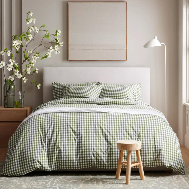 Organic Crisp Percale Gingham Duvet Cover Set - Olive, Full/Queen