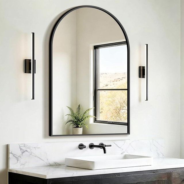 FICTOR Bathroom Mirror for Wall, Arched Vanity Bathroom Mirror for Over Sink, Metal Framed with HD Shatter-Proof Glass for Entryway, Living Room,Bedroom(24” x 36”, Black)