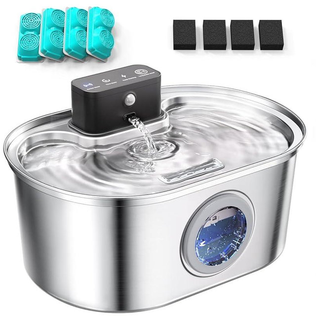 Cat Water Fountain Cordless, Stainless Steel Pet Water Fountain Wireless – 3.2L/108oz Battery Operated Automatic Water Dispenser for Cats Indoor, with Motion Sensor & Quiet Pump (4 Filter & Sponge)