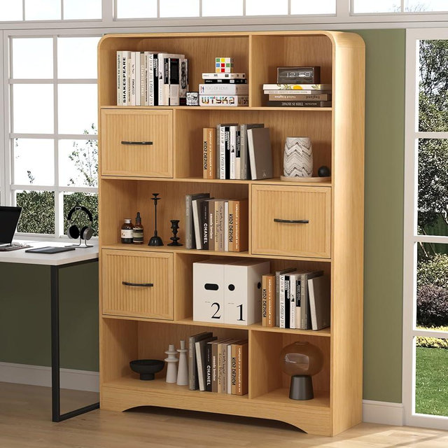 SOLACE FURNITURE Tall Bookshelf with Drawers, 70" Modern Bookcase with Adjustable Storage Bins and 10 Open Shelves, 48" Wide Display Shelf for Home Office, Natural Oak