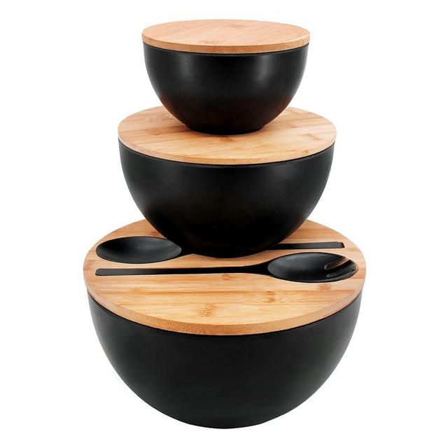ECOWAY Salad Bowls Set of 3 with Lid & Serving Utensils, Bamboo Fiber Mixing Bowls Set Large Serving Bowls & Storage Set with Bamboo Lid for Salad, Kitchen Eating, Pasta, Popcorn, Chips, Fruit, Black