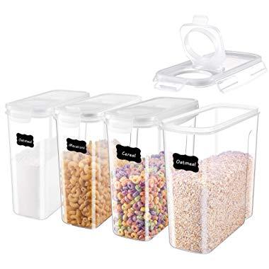 ME.FAN Cereal Storage Containers [Set of 4] Airtight Food Storage Containers 4L(135oz) - Large Kitchen Storage Keeper with 24 Chalkboard Labels - BPA Free, Easy Pouring Lid (White)