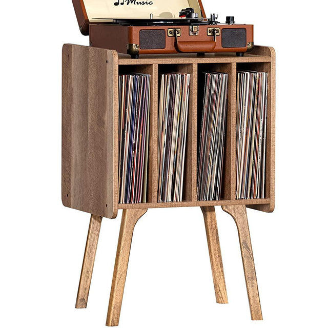 LELELINKY Record Player Stand,Vinyl Record Storage Table with 4 Cabinet Up to 100 Albums,Mid-Century Modern Turntable Stand with Wood Legs,Oak Grey Vinyl Holder Display Shelf for Bedroom Living Room