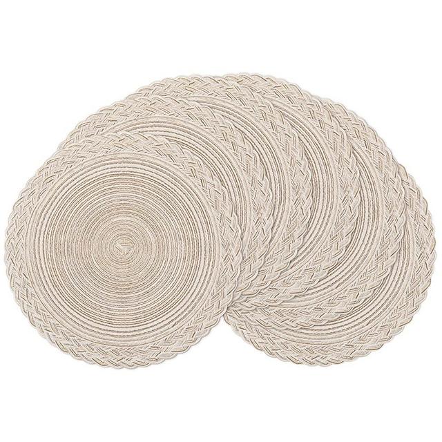SHACOS Round Placemats Set of 6 Woven Round Table Mats Washable Cotton Polyester Dinner Table Circle Place Mats 15 inch Braided Border, Ivory