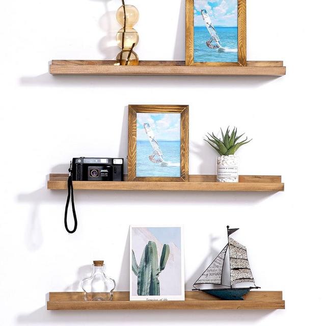 AZSKY Rustic Floating Shelves Wall Shelf Light Walnut 24 Inch Narrow Wooden Photo Picture Ledge Display Wall Shelves with Lip a Set of 3 Wall Mount Shelves for Decor and Storage