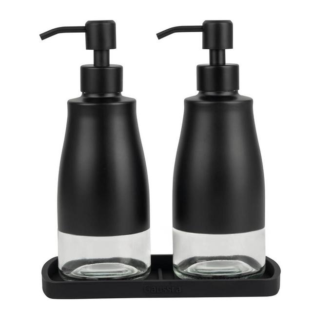 Gaussra Black Soap Dispenser Set with Silicone Tray, 11 Oz Stainless Steel Glass Soap Dispenser Bathroom, Modern Farmhouse Decor, Refillable Hand Dish Soap Dispenser for Kitchen Sink
