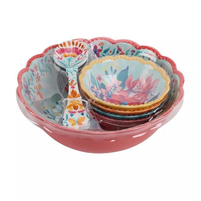 Pioneer Woman Fresh Floral 7-Piece Serving Bowl Set With Spoon & Fork Melamine