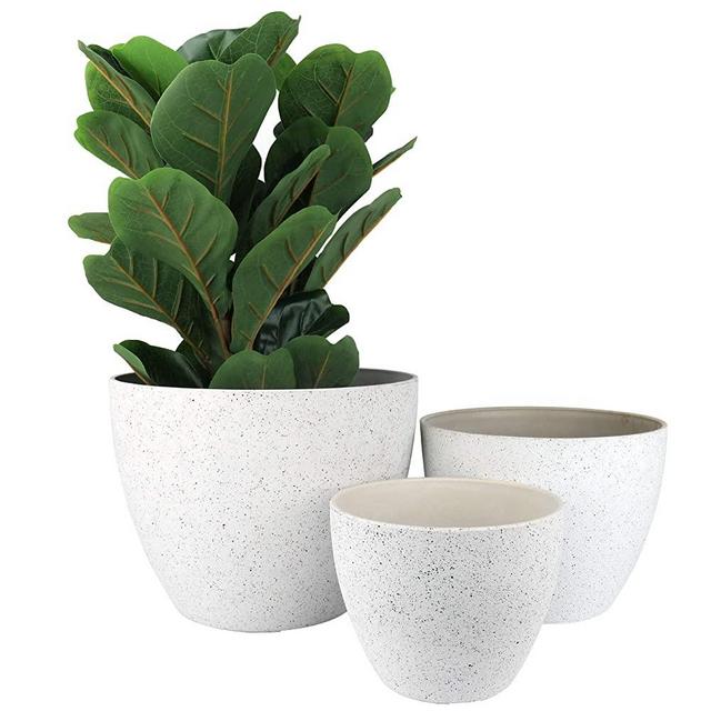 LA JOLIE MUSE Outdoor Planters Pots for Plants Set of 3 - Tree Flower Plant Pots, Plant Container with Drain Holes, 14.2"+11.4"+8.7", Speckled White