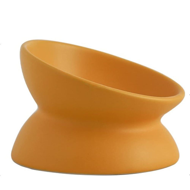 Ceramic Raised Cat Bowl, Cat Food Bowls Elevated Tilted, Ceramic Pet Bowl Whisker Friendly, Anti Vomit & Reduce Neck Burden for Food and Water (Yellow)