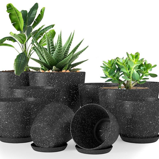 Utopia Home - Spotty Plant Pots Indoor with Drainage - 7/6.6/6/5.3/4.8 Inches Flower Pots - 10 Pack Plastic Planters - Ideal for Stocking Stuffers - (Speckled Black, Pack of 10)