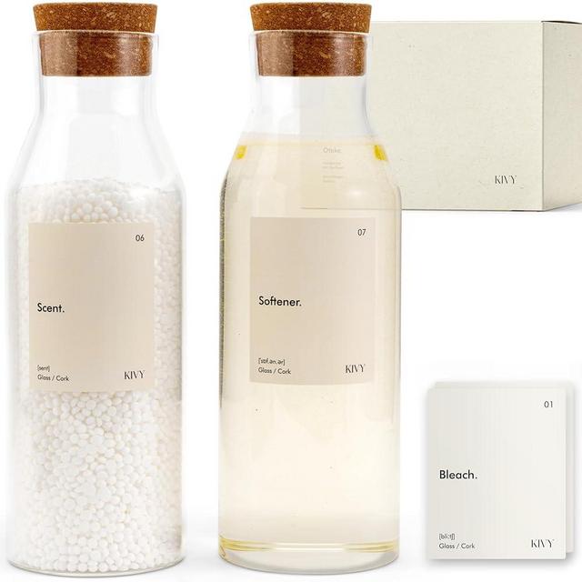 KIVY Glass Laundry Detergent Dispenser + Labels [Set of 2] Glass jars for Laundry Room Organization and Storage Decor - Laundry soap dispenser for liquid detergent dispenser - Scent booster container