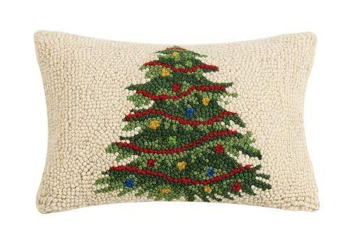 Peking Handicraft Decorated Lighted Christmas Tree Hooked Wool Pillow 8 x 12