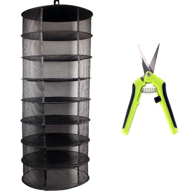 Growsun 2ft 8 Layer Herb Drying Rack Plant Hanging Mesh Dry Net W/Garden Scissor,Black