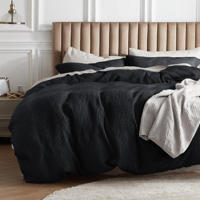 Bedsure Cotton Duvet Cover King - 100% Cotton Waffle Weave Black Duvet Cover King Size, GentleSoft™ and Breathable Bedding Set for All Season, 3 Pieces, 104"x90"