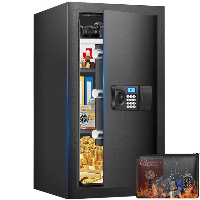 Safe Box, 4.3 Cuft Home Safe with Fireproof Waterproof Bag, Anti-Theft Digital Security Safes with Smart Alert System, Removable Shelf, Mute Function, Document Safes for Money Jewelry