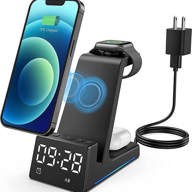 Alarm Clock with Wireless Charging Station - Dimmable LED Display, Volume Control, Fast 15W Bedside Wireless Charger Stand for iPhone, Samsung, Apple Watch and AirPods