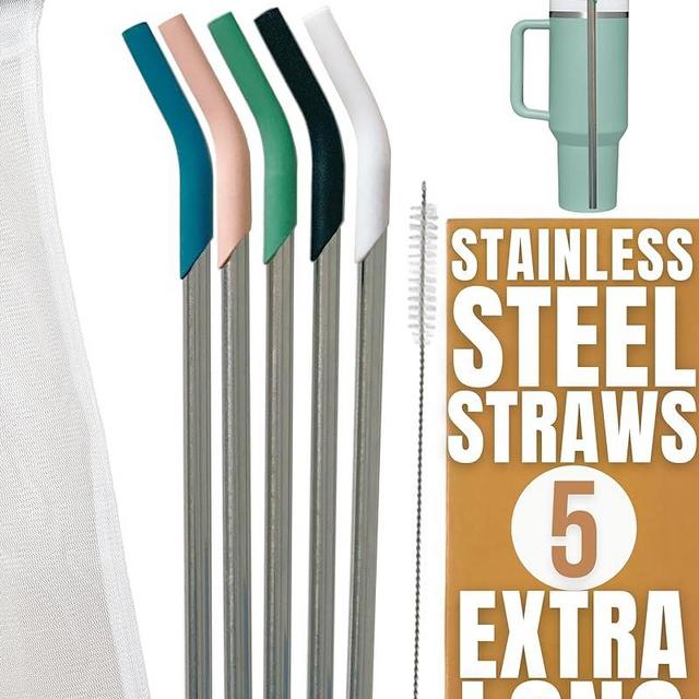 purifyou 14.5 inch Stainless Steel Straws With Platinum Silicone Tips, For Stanley and other 40 oz Tumbler, Extra Long & Wide Set of 5 Reusable Drinking Metal Straw with Portable Case & Cleaning Brush