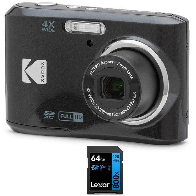 Kodak FZ45BK PIXPRO 16MP Digital Camera Black Bundle with Lexar 64GB High-Performance 800x UHS-I SDHC Memory Card Blue Series