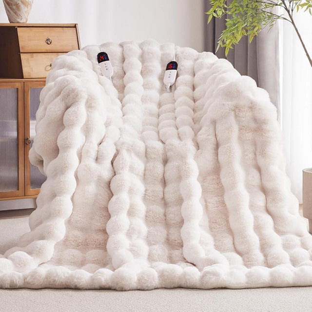 Anysay Heated Blanket Throw with 1/2/4/6/8 Hours Auto-Off 10 Heat Level, 84'' * 90'' Cozy Faux Rabbit Fur Bubble Electric Blanket with Overheat Protection(White)