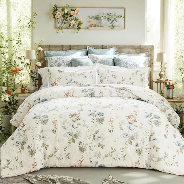 Cozaline Floral Duvet Cover Queen Size 100% Cotton Reversible Duvet Cover Set with Zipper Closure 3 Pieces Soft & Breathable Green Garden Floral Comforter Cover Sets
