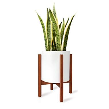 Mkono Plant Stand Mid Century Wood Flower Pot Holder Display (Plant and Pot NOT Included) Potted Rack Rustic Decor, Up to 10 Inch Planter, Brown