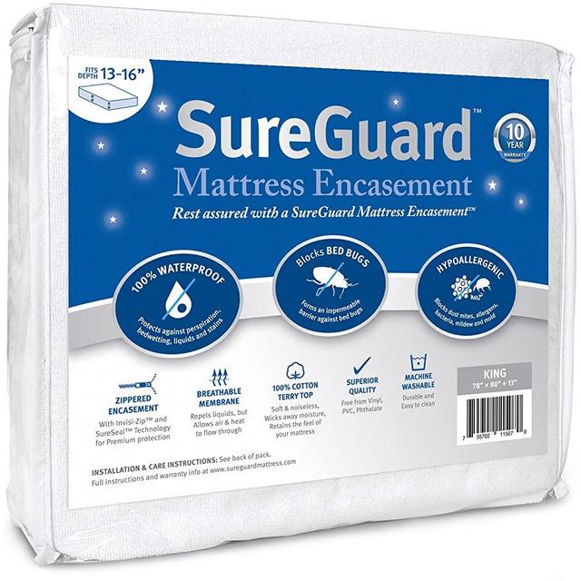 King (13-16 in. Deep) SureGuard Mattress Encasement - 100% Waterproof, Bed Bug Proof - Premium Zippered Six-Sided Cover